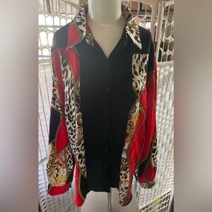 Women’s Sheer Button Down Funky Animal Print Blouse 2XL Long Sleeve Work Wear